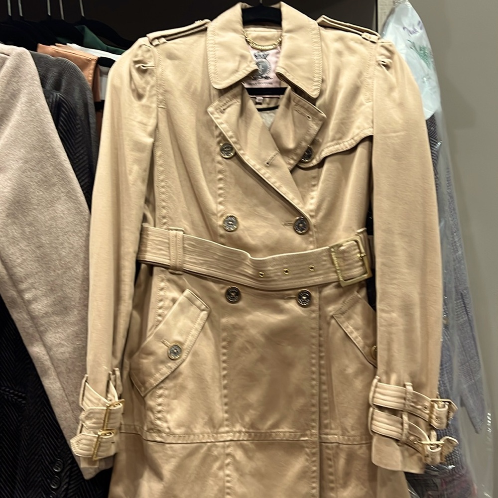 Rare Juice Couture Camel Trench Coat with Gold/Silver Buttons sz XS
